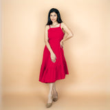 Red 100% Cotton Asymmetrical Fit and Flare Midi Dress