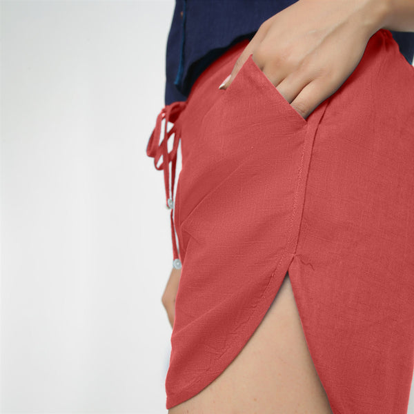 Left Detail of a Model wearing Red 100% Cotton Low-Rise Short Shorts