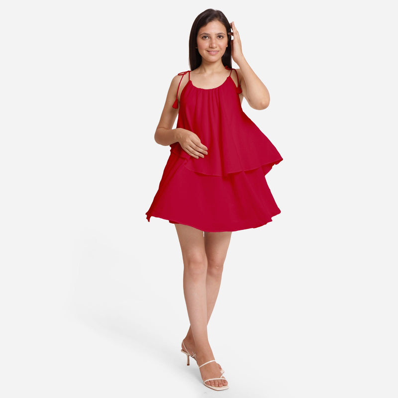 Red 100% Cotton Tie-Up Shoulder Tier Mini Dress