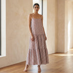 Red Black Striped Block Print Cotton Drop-Waist Camisole Maxi Tier Dress