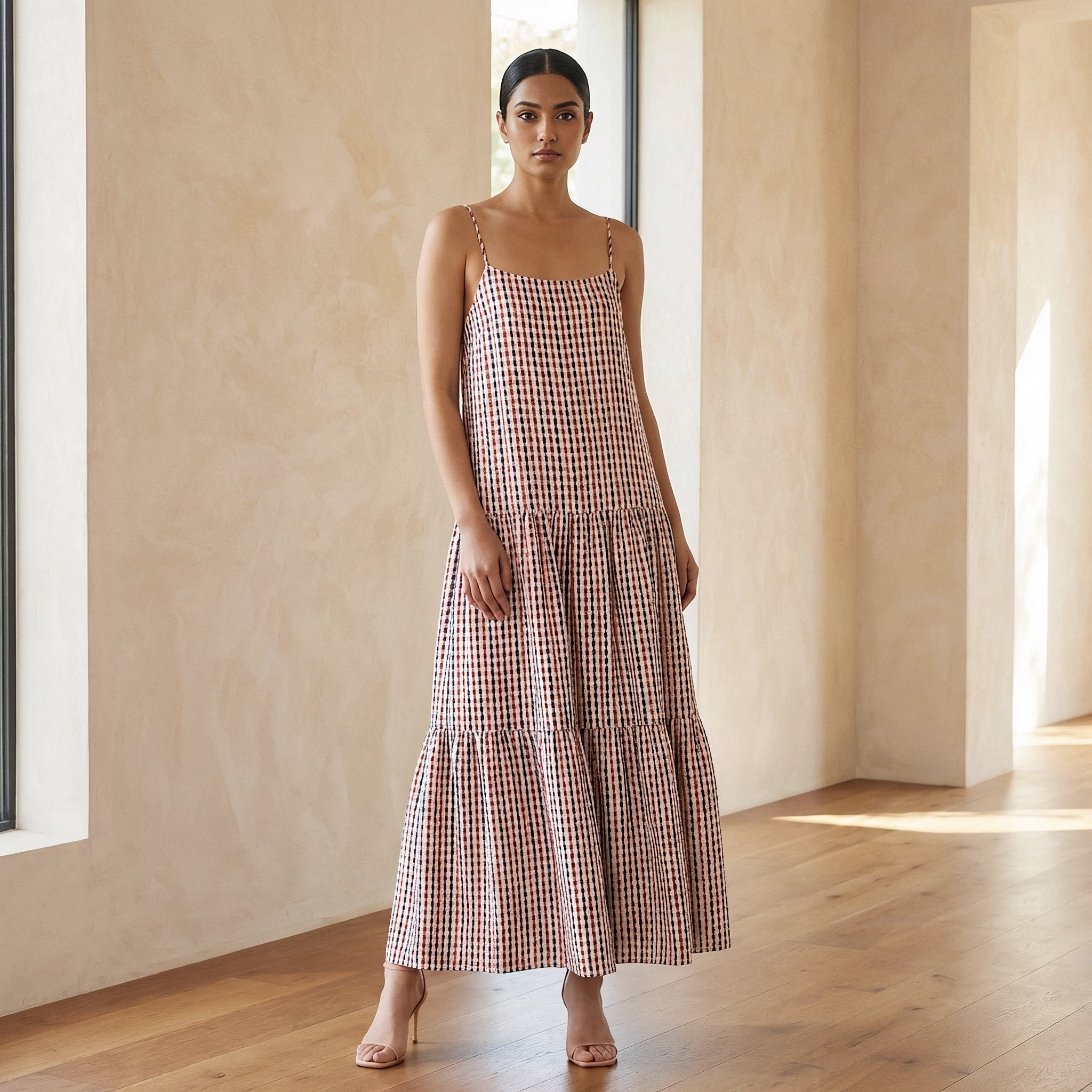 Red Black Striped Block Print Cotton Drop-Waist Camisole Maxi Tier Dress