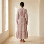 Red-Black Stripes Block Print Cotton Deep-V Maxi Tier Dress