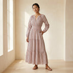 Red-Black Stripes Block Print Cotton Deep-V Maxi Tier Dress