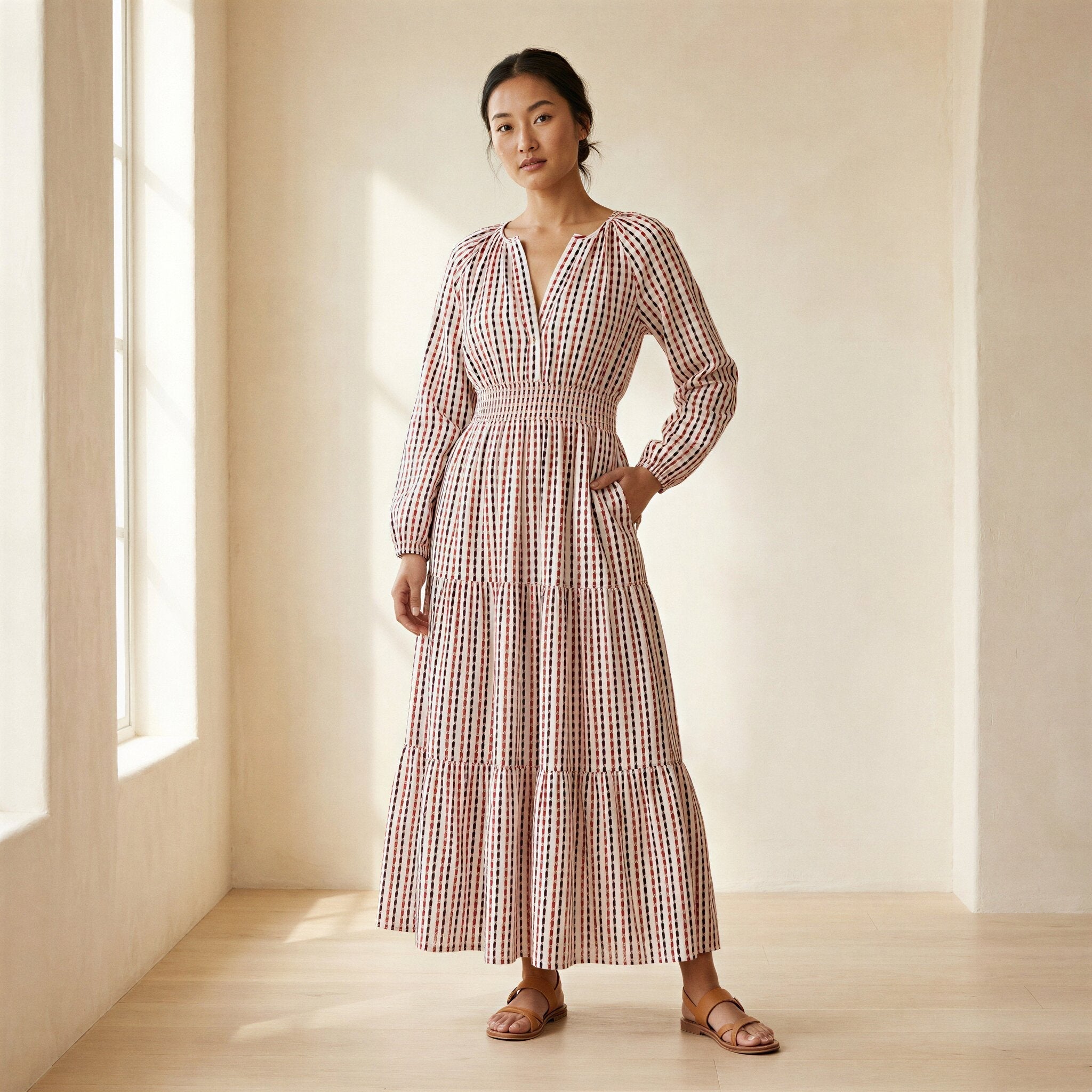 Red-Black Stripes Block Print Cotton Deep-V Maxi Tier Dress