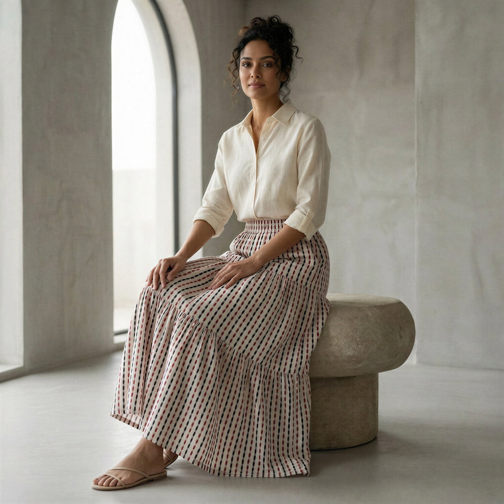 Red-Black Stripes Block Print Cotton Elasticated Maxi Tier Skirt