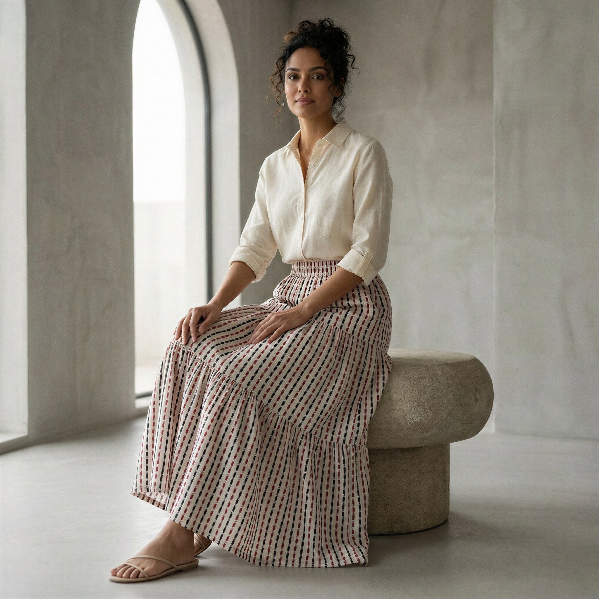 Red-Black Stripes Block Print Cotton Elasticated Maxi Tier Skirt