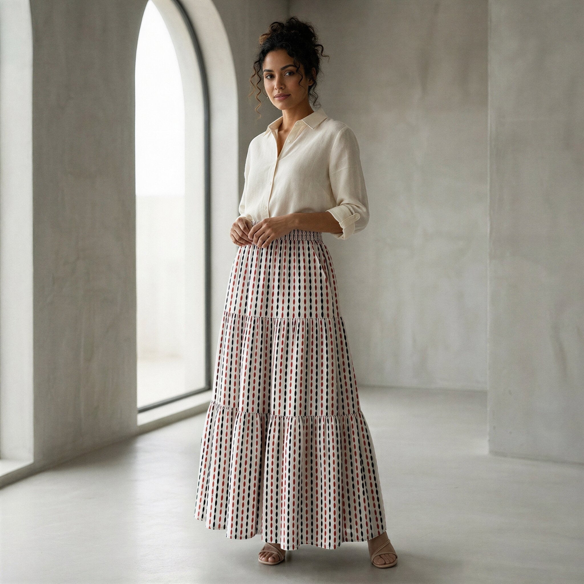 Red-Black Stripes Block Print Cotton Elasticated Maxi Tier Skirt