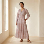 Red-Black Stripes Block Print Cotton Fit and Flare Maxi Tier Dress