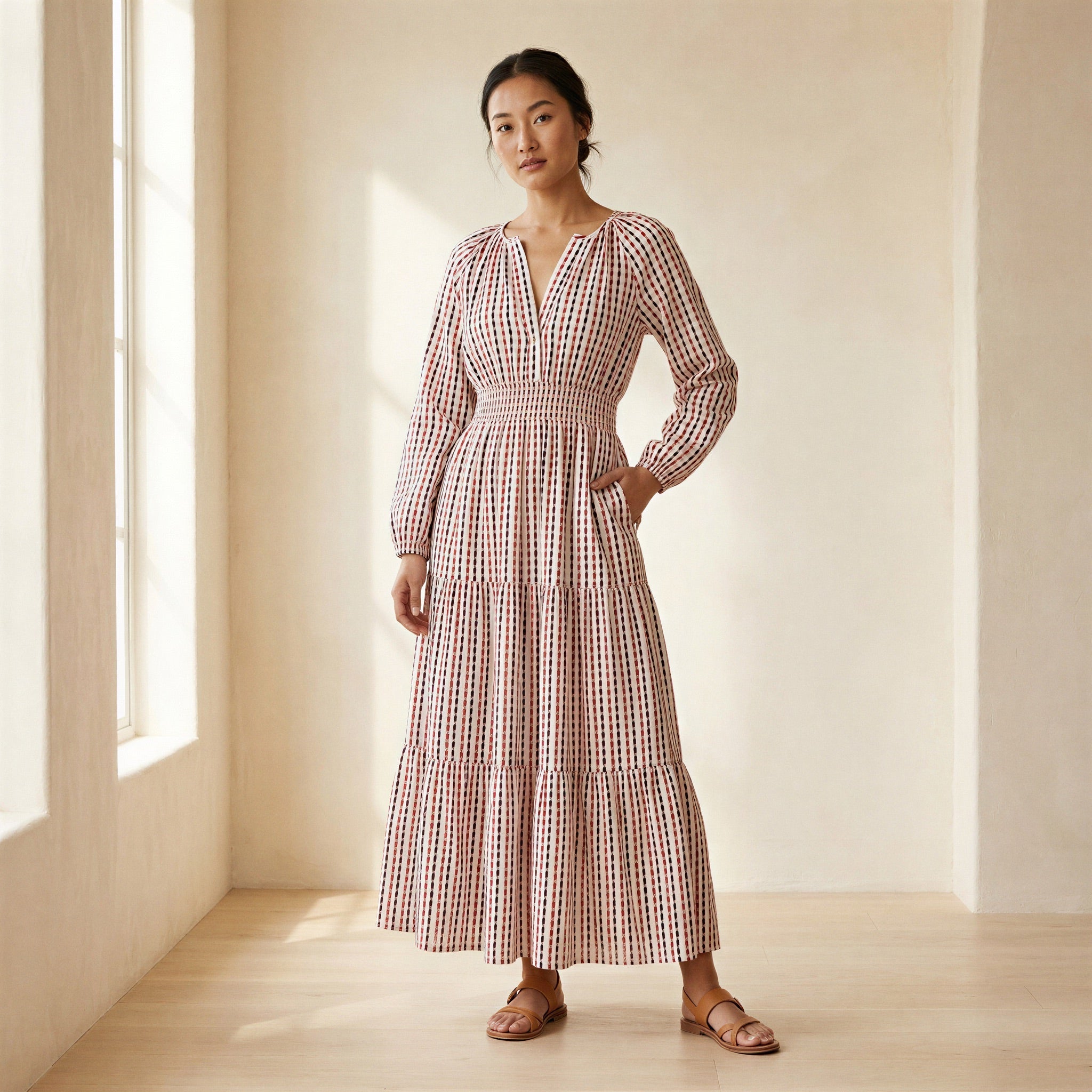 Red-Black Stripes Block Print Cotton Fit and Flare Maxi Tier Dress