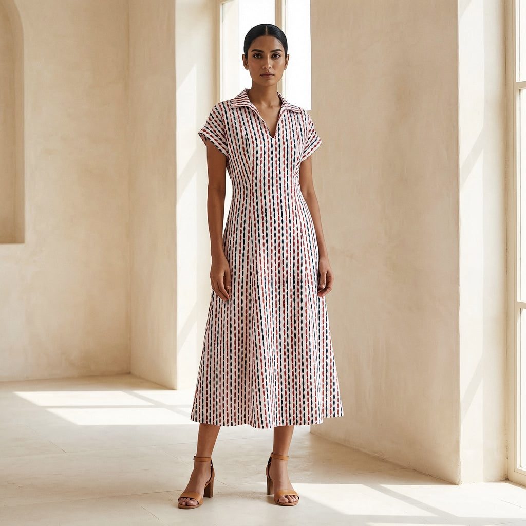 Red-Black Stripes Block Print Cotton Paneled A-Line Midi Dress