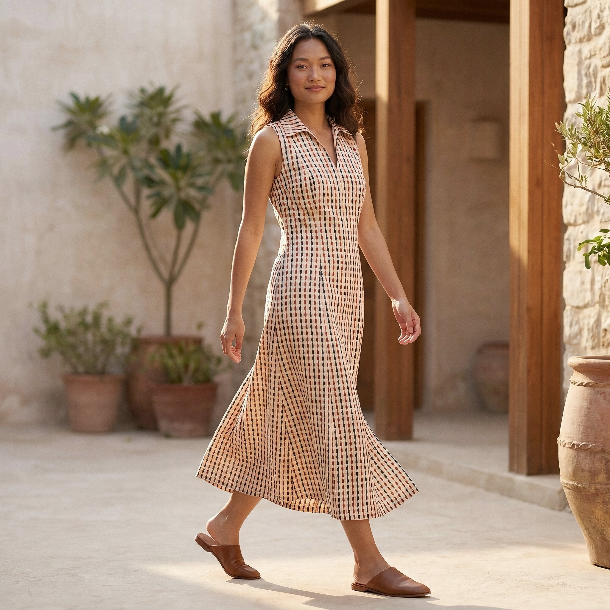 Red-Black Stripes Block Print Cotton Paneled Sleeveless Maxi Dress