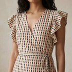 Red-Black Stripes Block Print Cotton Ruffle Midi Wrap Dress