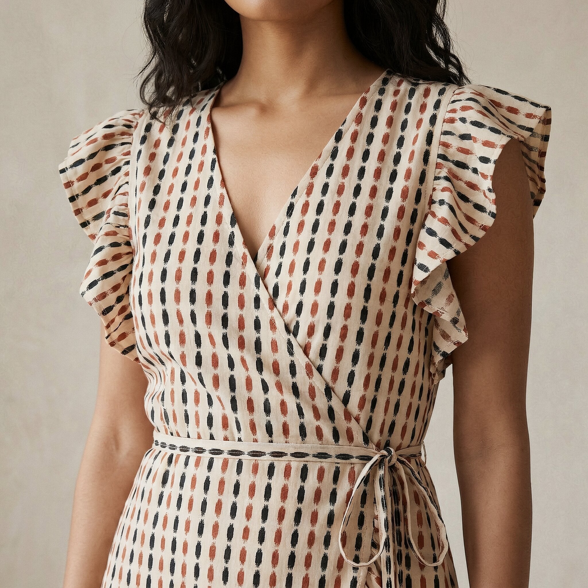 Red-Black Stripes Block Print Cotton Ruffle Midi Wrap Dress