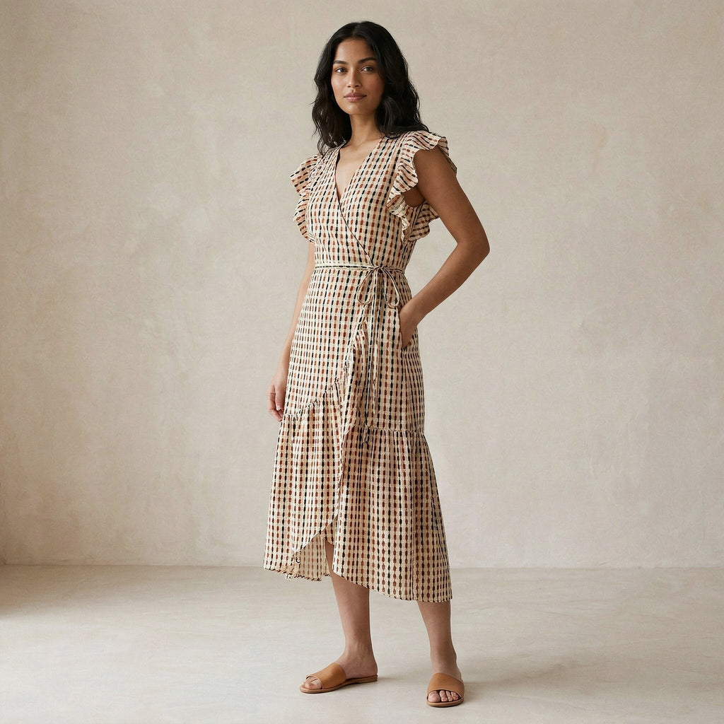 Red-Black Stripes Block Print Cotton Ruffle Midi Wrap Dress