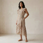 Red-Black Stripes Block Print Cotton Ruffle Midi Wrap Dress