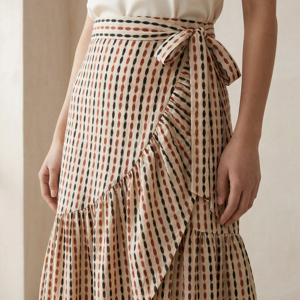 Red-Black Stripes Block Print Cotton Ruffle Midi Wrap Skirt