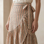 Red-Black Stripes Block Print Cotton Ruffle Midi Wrap Skirt