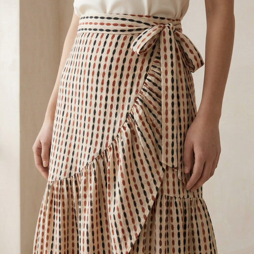 Red-Black Stripes Block Print Cotton Ruffle Midi Wrap Skirt