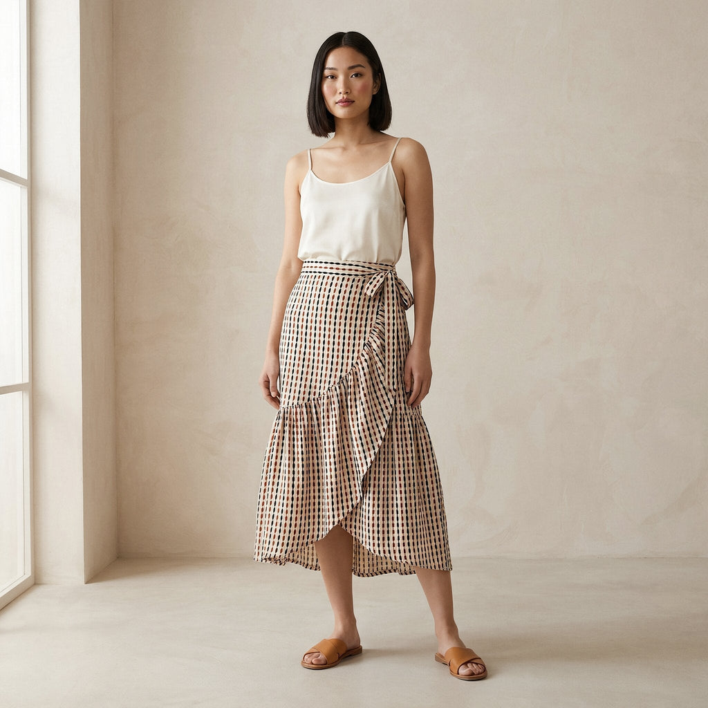 Red-Black Stripes Block Print Cotton Ruffle Midi Wrap Skirt