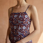 Red-Blue Floral Block Print Cotton Ankle Length Flared Sundress