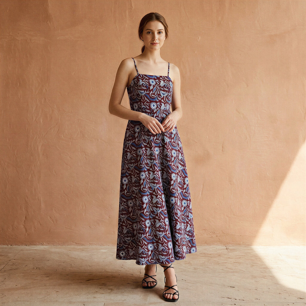 Red-Blue Floral Block Print Cotton Ankle Length Flared Sundress