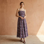 Red-Blue Floral Block Print Cotton Ankle Length Flared Sundress