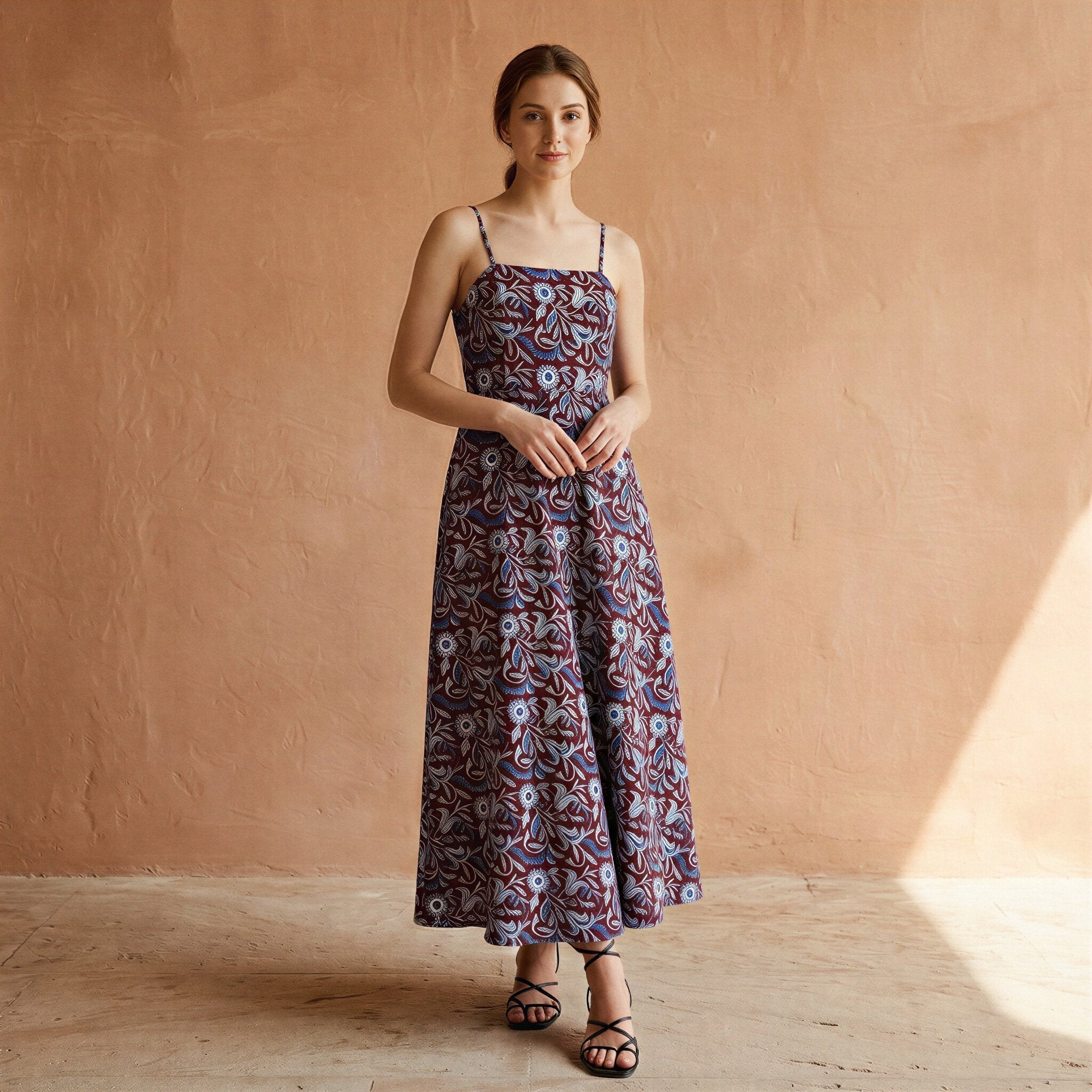 Red-Blue Floral Block Print Cotton Ankle Length Flared Sundress