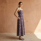 Red-Blue Floral Block Print Cotton Ankle Length Flared Sundress