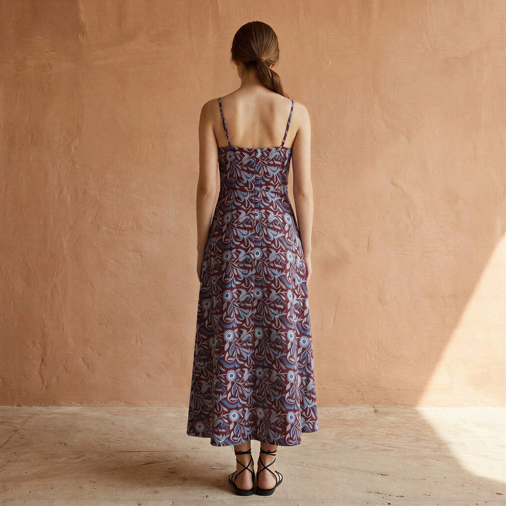 Red-Blue Floral Block Print Cotton Ankle Length Flared Sundress