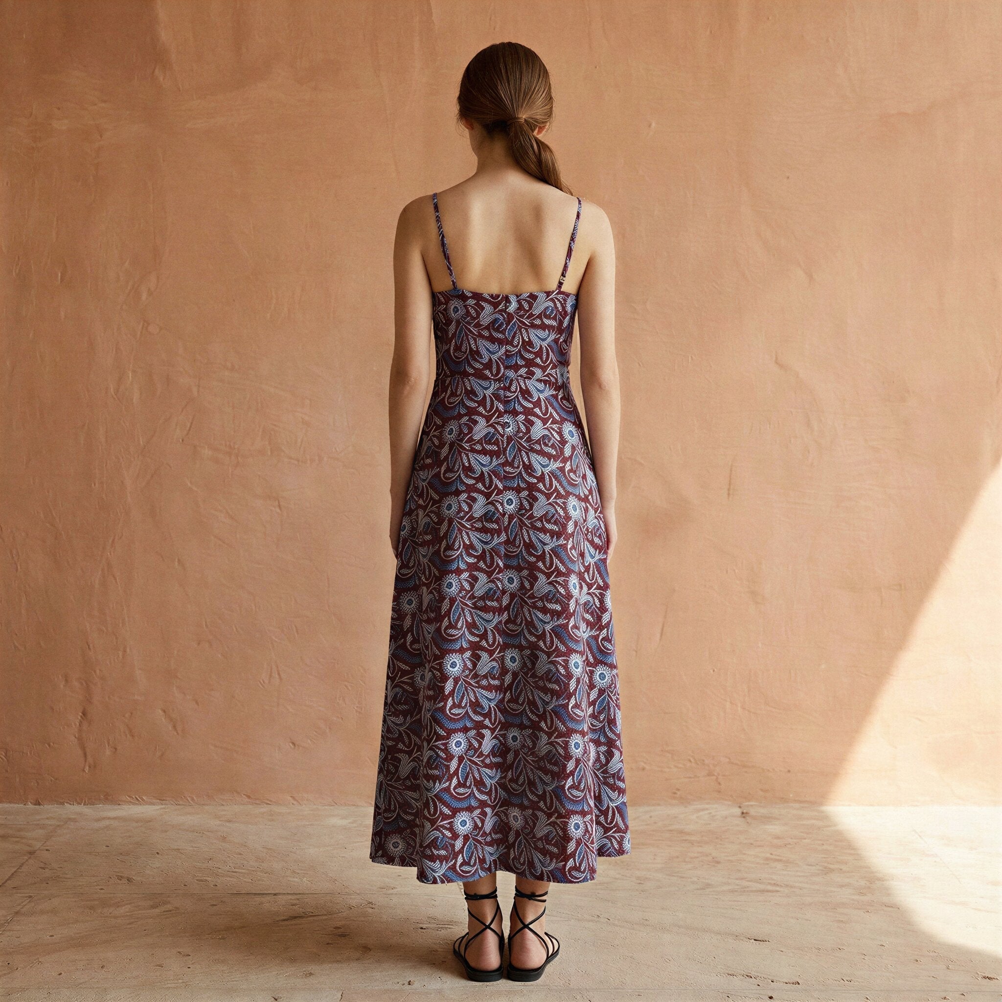 Red-Blue Floral Block Print Cotton Ankle Length Flared Sundress