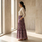 Red-Blue Floral Block Print Cotton Elasticated Maxi Tier Skirt