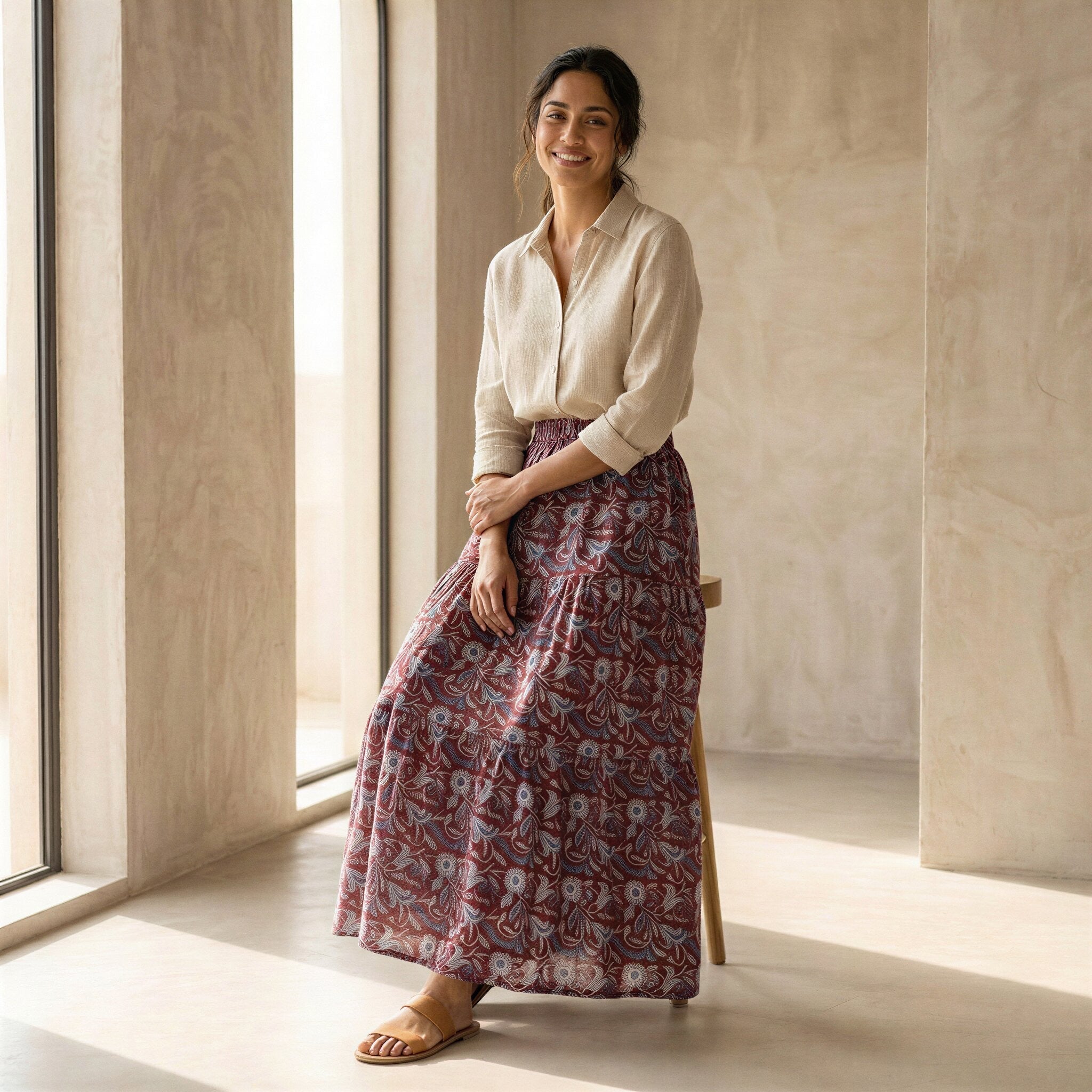 Red-Blue Floral Block Print Cotton Elasticated Maxi Tier Skirt
