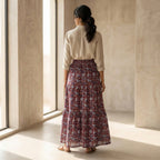 Red-Blue Floral Block Print Cotton Elasticated Maxi Tier Skirt