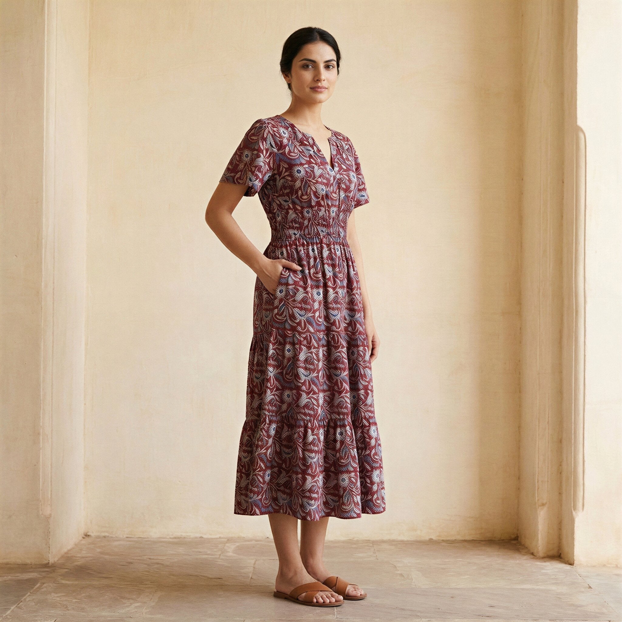 Red-Blue Floral Block Print Cotton Flutter Sleeve Tie-Back Tiered Midi Dress