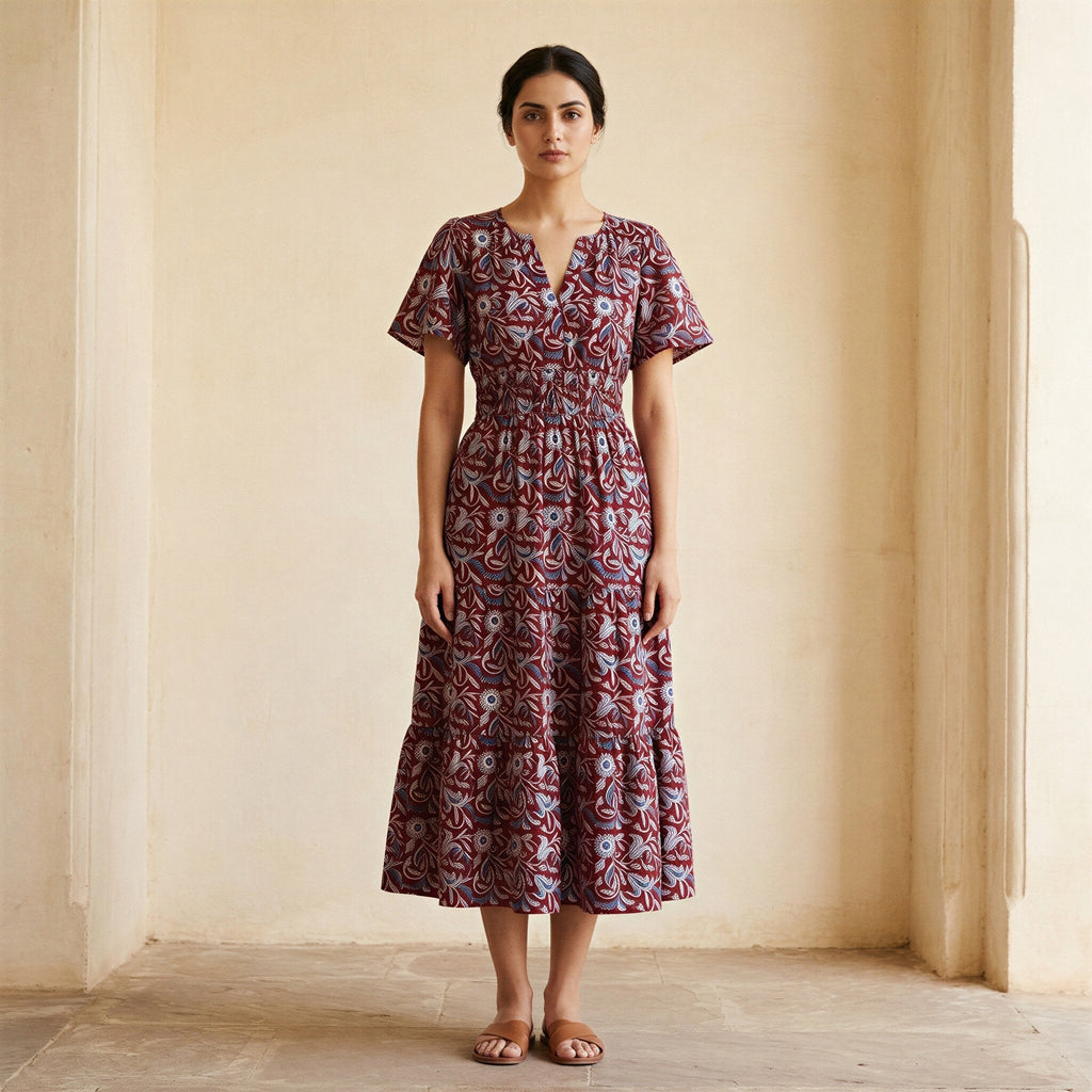 Red-Blue Floral Block Print Cotton Flutter Sleeve Tie-Back Tiered Midi Dress