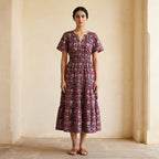 Red-Blue Floral Block Print Cotton Flutter Sleeve Tie-Back Tiered Midi Dress