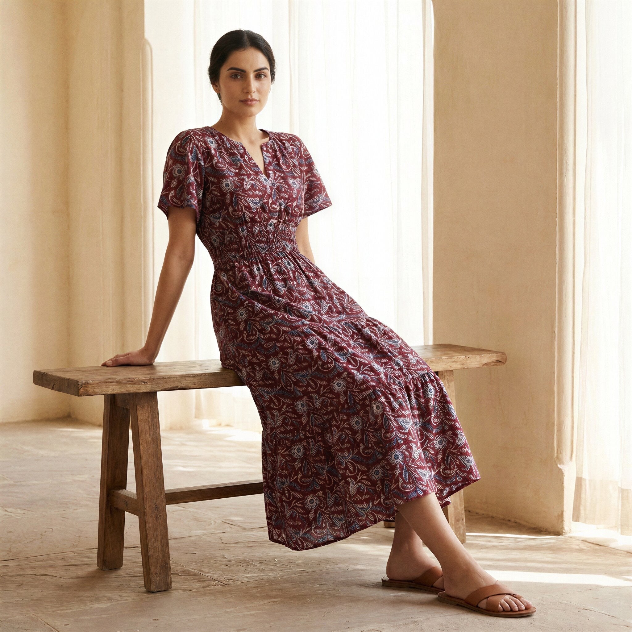 Red-Blue Floral Block Print Cotton Flutter Sleeve Tie-Back Tiered Midi Dress