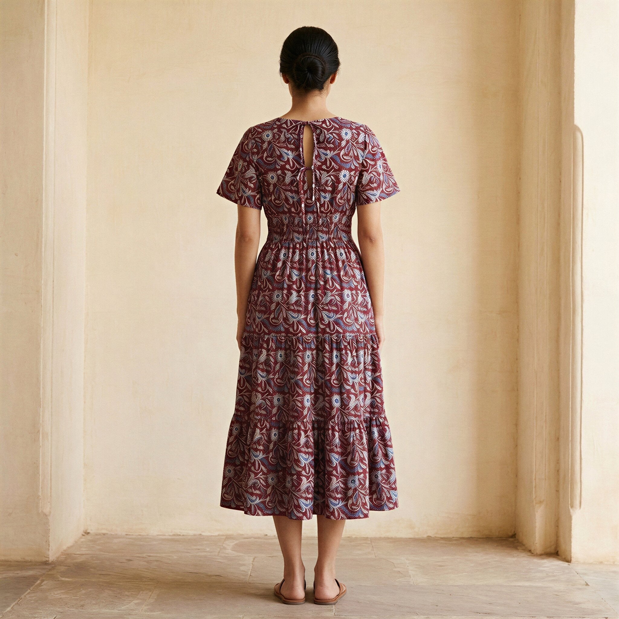 Red-Blue Floral Block Print Cotton Flutter Sleeve Tie-Back Tiered Midi Dress