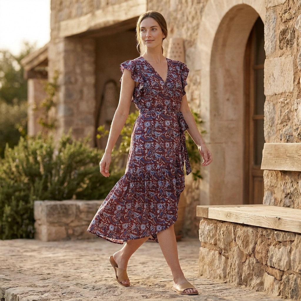 Red-Blue Floral Block Print Cotton Ruffle Midi Wrap Dress