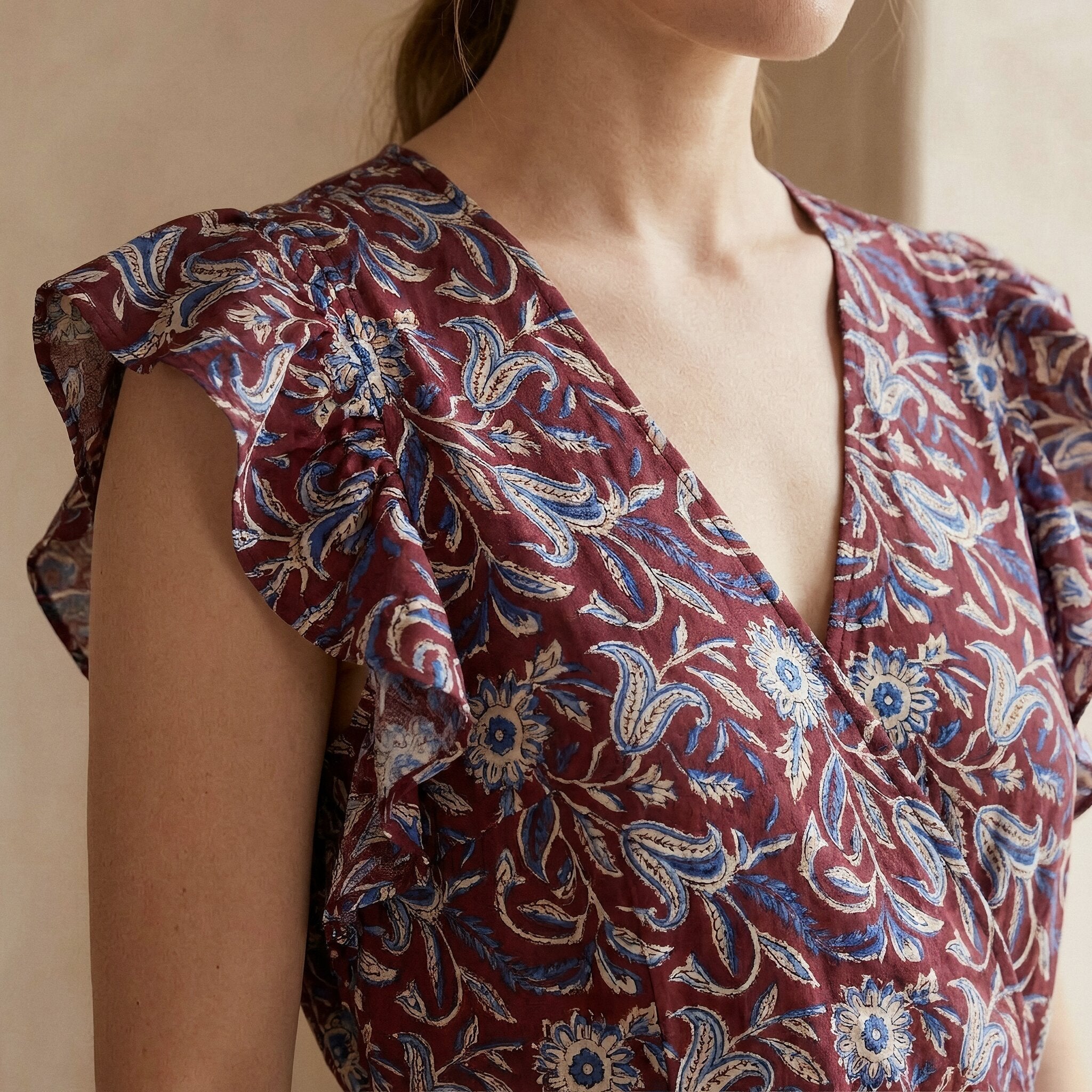 Red-Blue Floral Block Print Cotton Ruffle Midi Wrap Dress