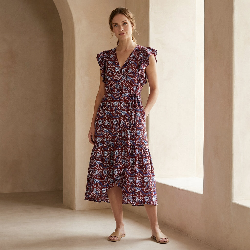 Red-Blue Floral Block Print Cotton Ruffle Midi Wrap Dress