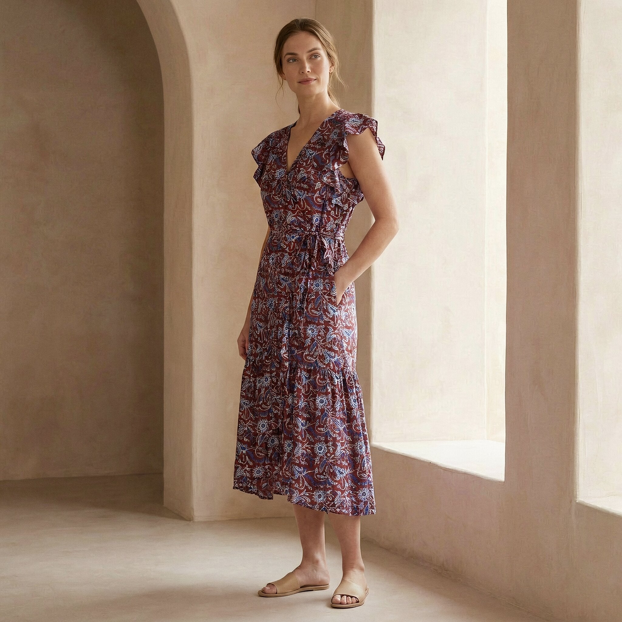 Red-Blue Floral Block Print Cotton Ruffle Midi Wrap Dress