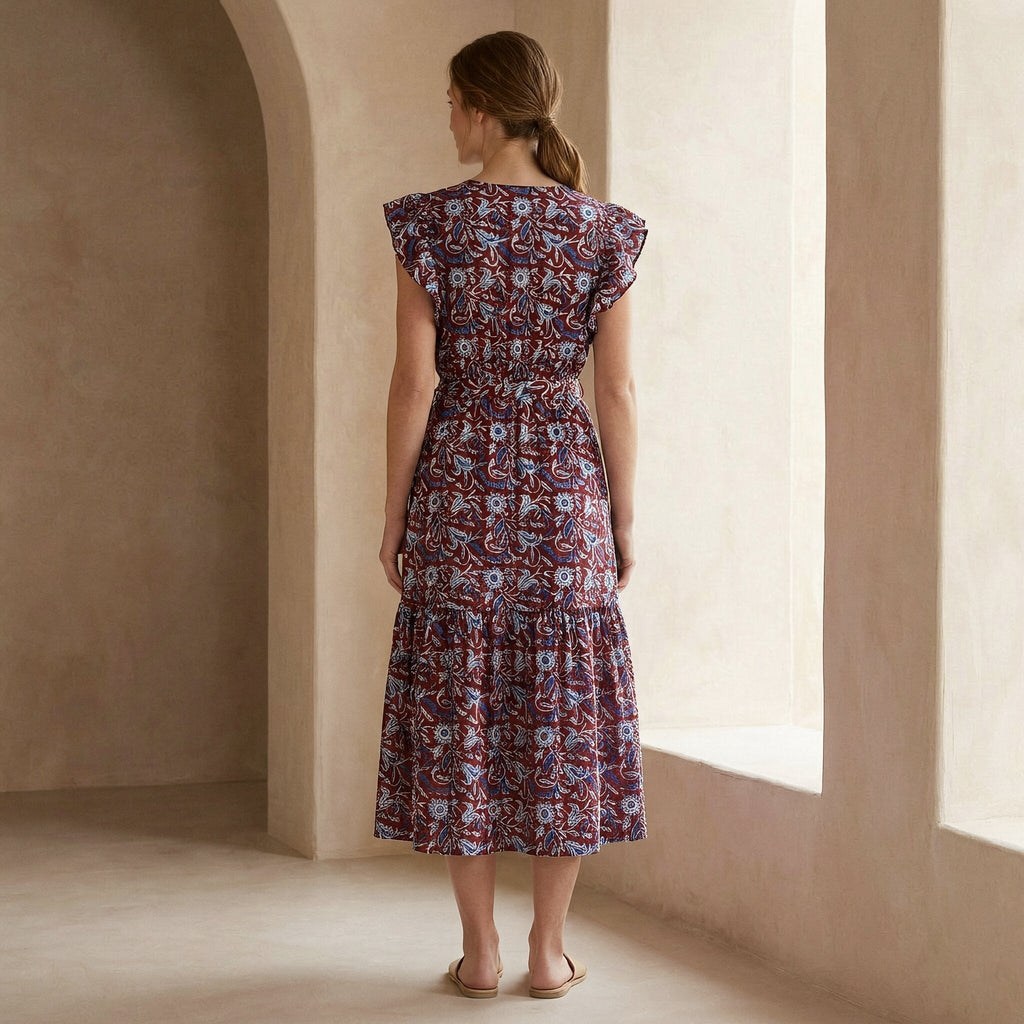 Red-Blue Floral Block Print Cotton Ruffle Midi Wrap Dress