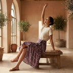 Red-Blue Floral Block Print Cotton Ruffle Midi Wrap Skirt