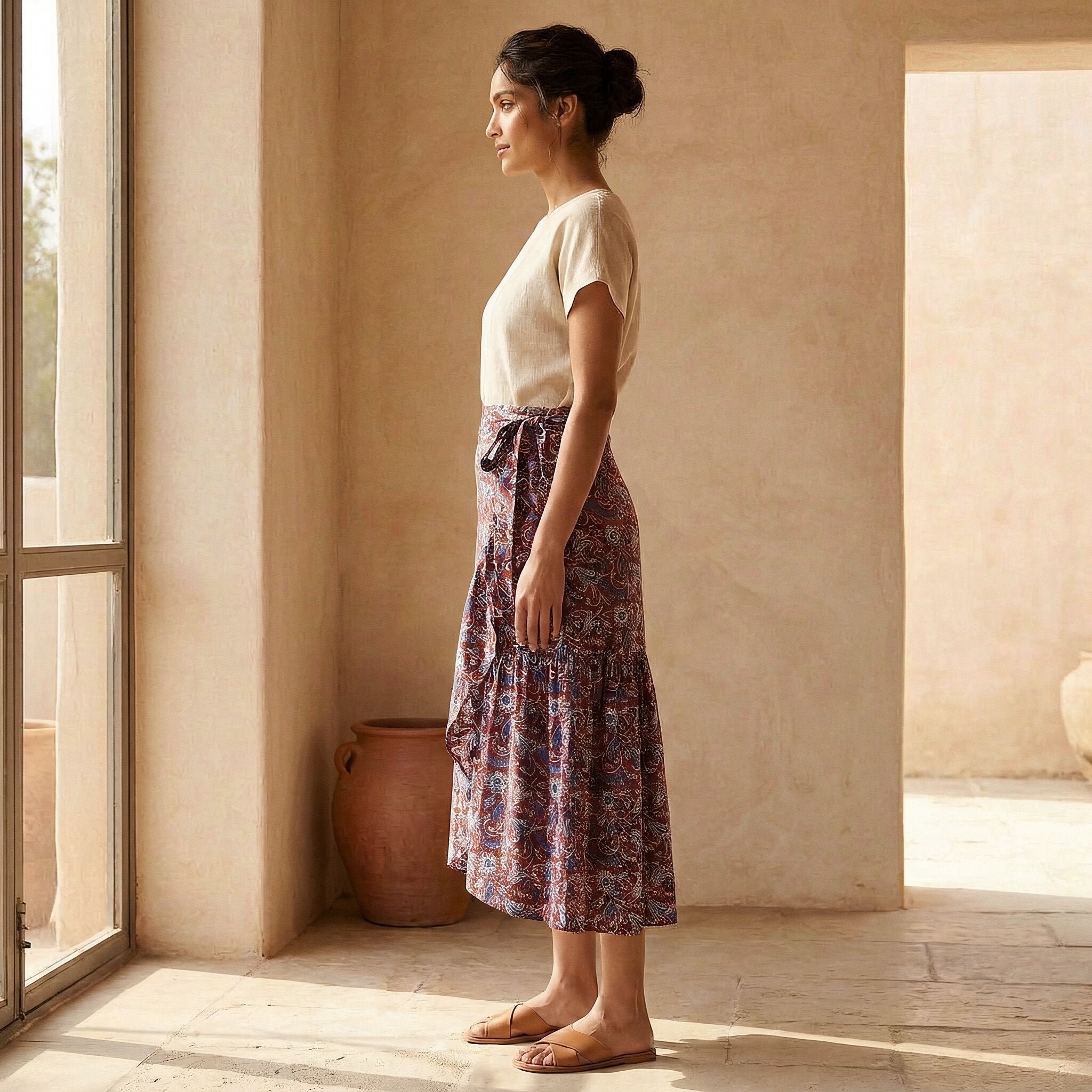 Red-Blue Floral Block Print Cotton Ruffle Midi Wrap Skirt