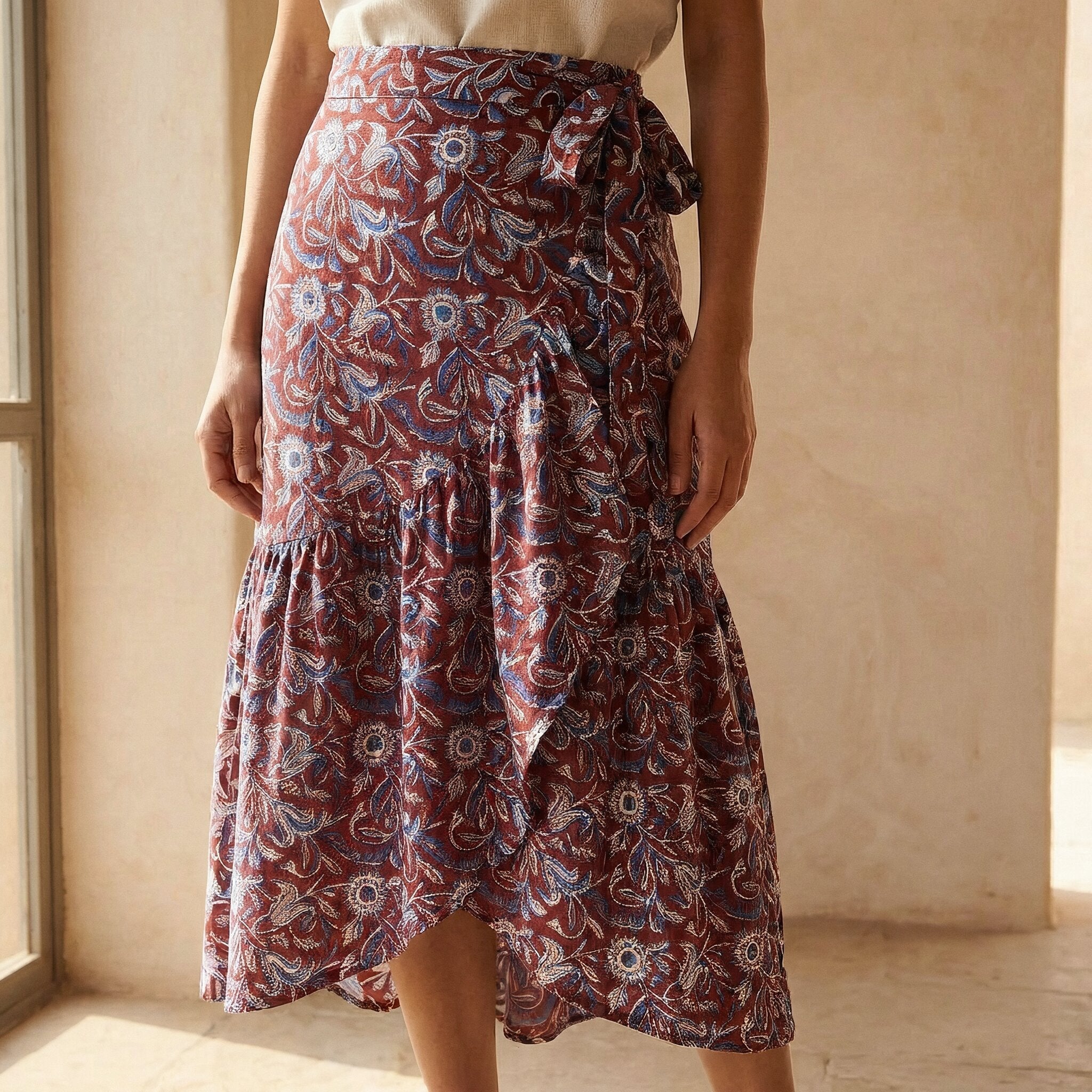 Red-Blue Floral Block Print Cotton Ruffle Midi Wrap Skirt