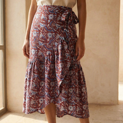 Red-Blue Floral Block Print Cotton Ruffle Midi Wrap Skirt