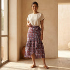 Red-Blue Floral Block Print Cotton Ruffle Midi Wrap Skirt