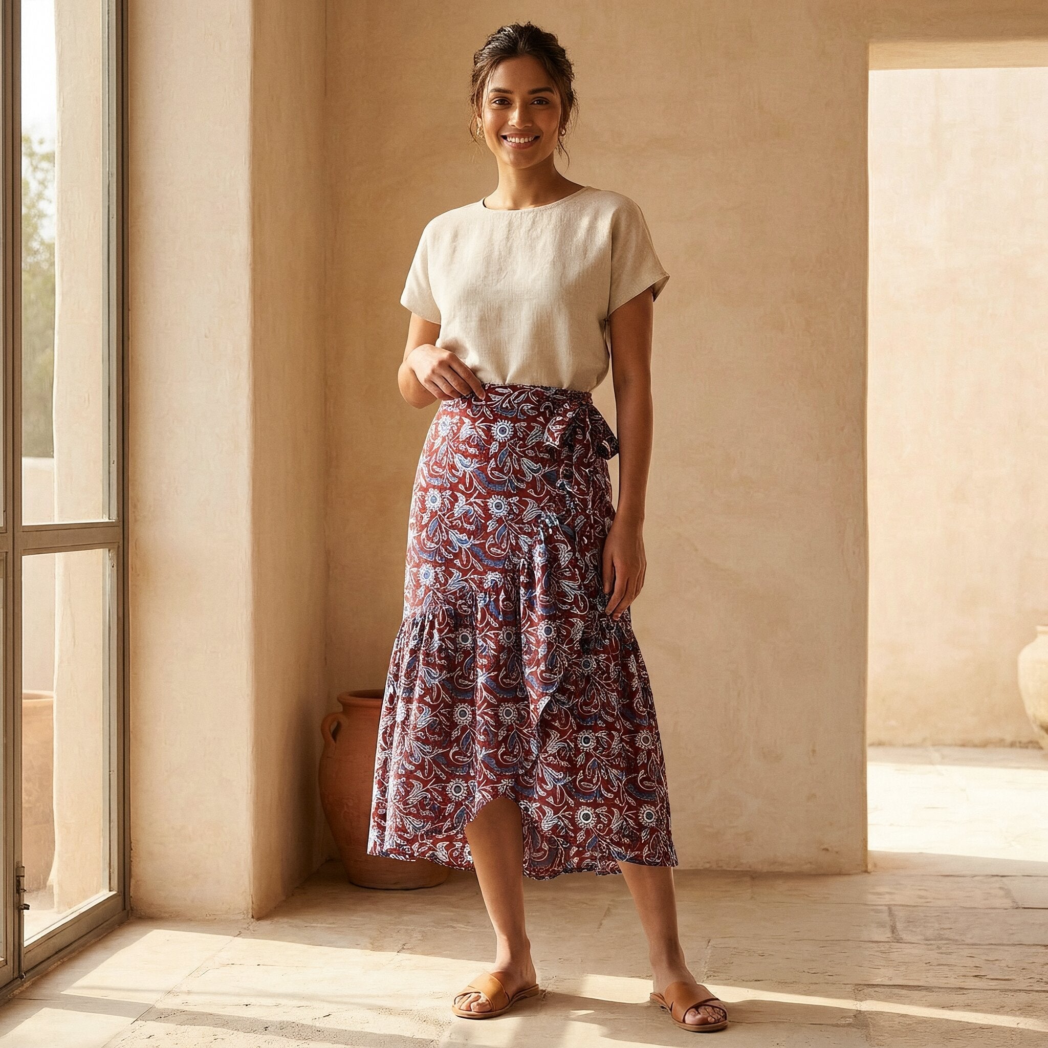 Red-Blue Floral Block Print Cotton Ruffle Midi Wrap Skirt
