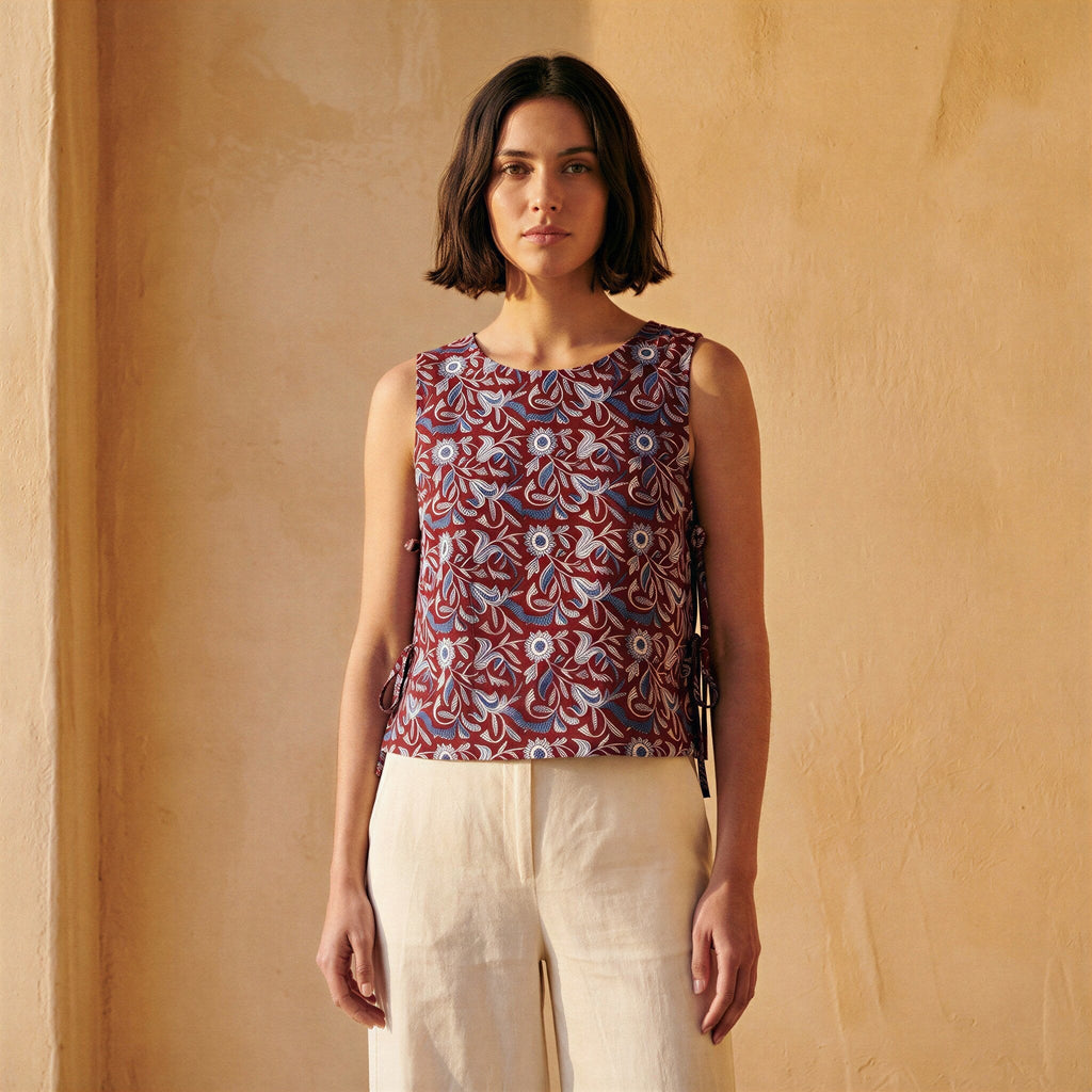 Red-Blue Floral Block Print Cotton Sleeveless Side-Tie Top